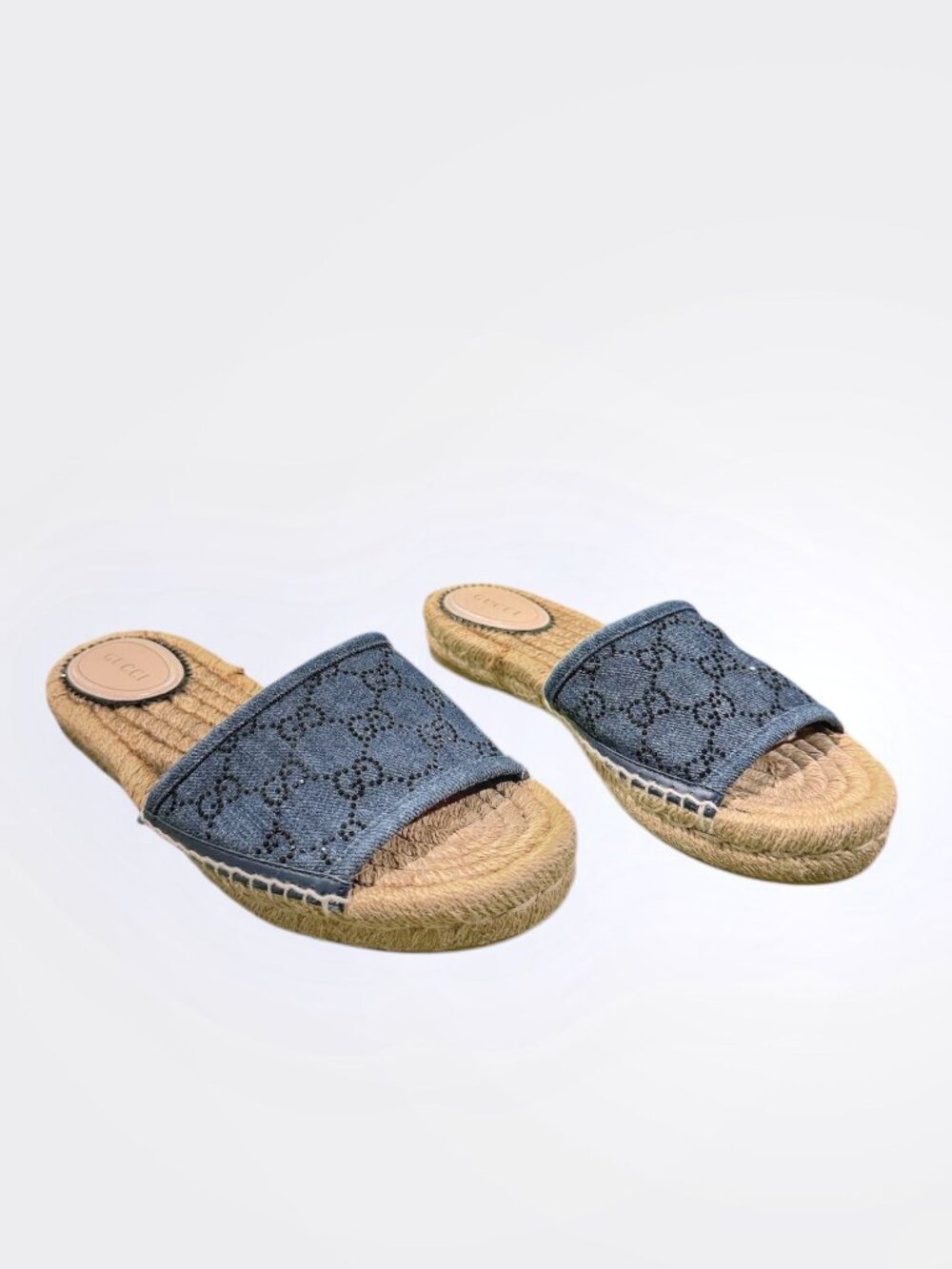 Gucci Pilar GG Denim Espadrille Slides Blue Canvas Jute Sandals EU 37.5 US 7.5 - Picture 2 of 10